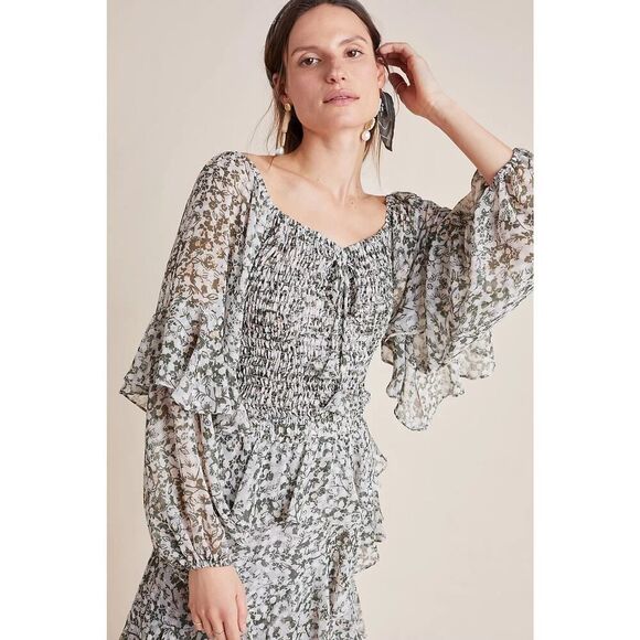 MISA Los Angeles Helaine Floral Top Women's XS Beige Green Long Tiered Sleeve - Picture 11 of 11